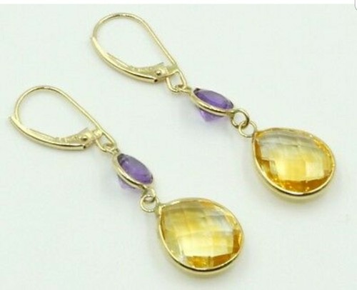14K Yellow Gold Earrings with Amethyst briolet and Citrine. - Picture 8 of 8