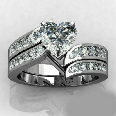 Fancy 2.80Ct Heart Cut Simulated CZ Solitaire Valentine 14K White Gold Ring Set
