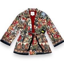 New John Mark Kimono Jacket Tie Front Fringe Boho Tropical Floral Artsy Small