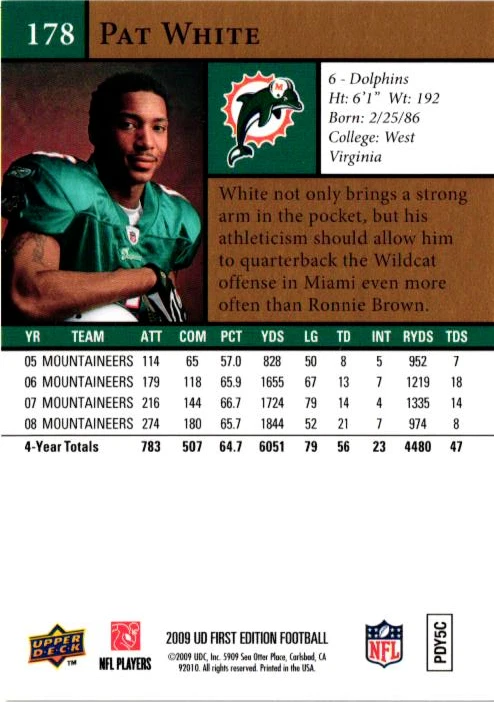 Pat White 2009 Upper Deck First Edition #178 Miami Dolphins Football Card - Image 2 of 2