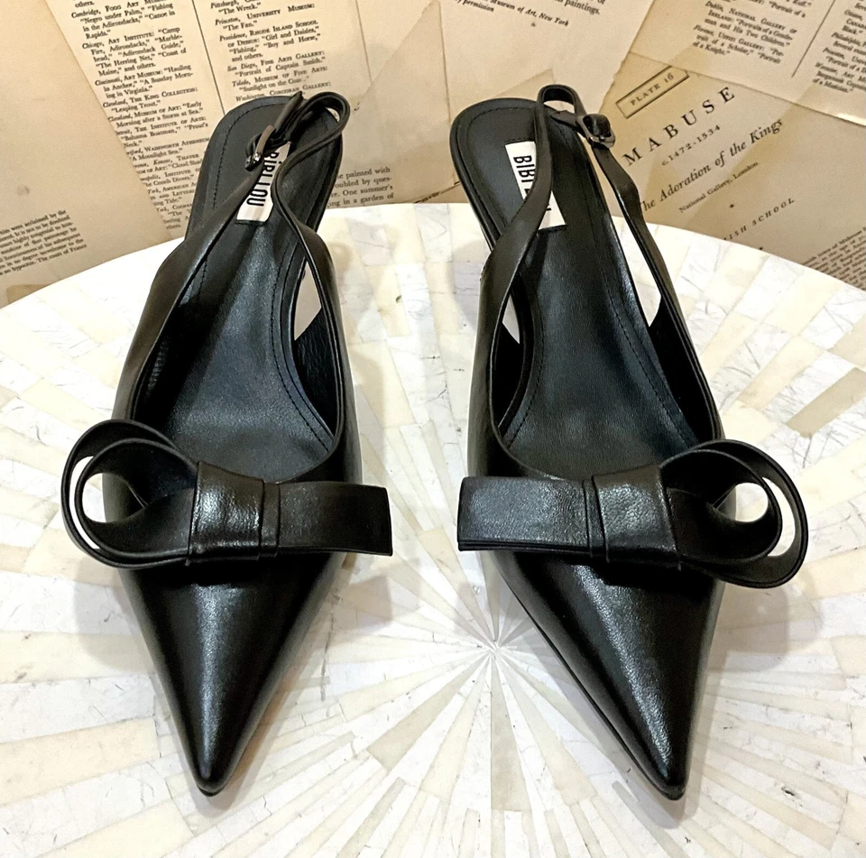 Anthropologie Bibi Lou Tacones de Gatito Anudados Cuero Negro 40/9-9.5 NUEVO Foto 4 de 4