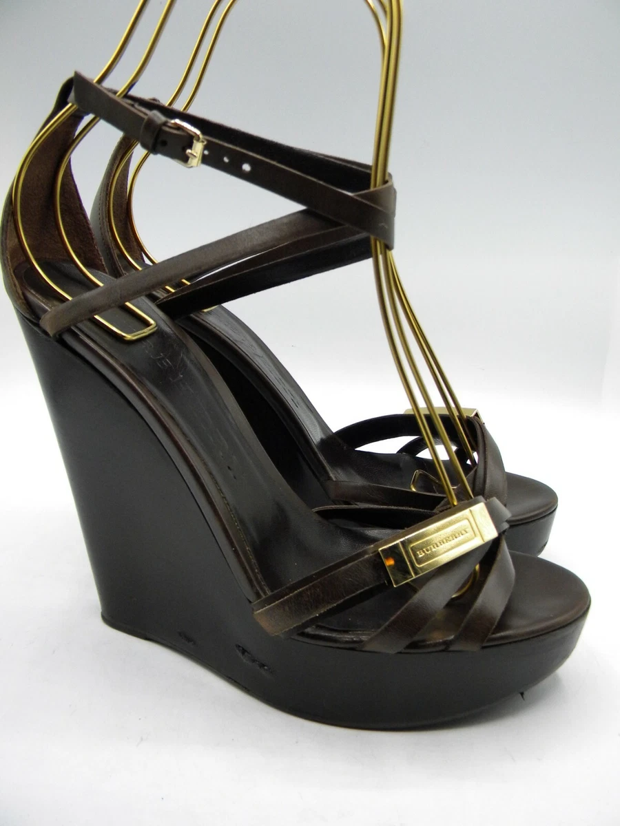 Burberry Brown Leather Ankle Strap Platform Wedge Heels Sandals