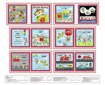 Monkey Around Airplane Hot Air Balloon Boat Car Book Panel Cotton Fabric