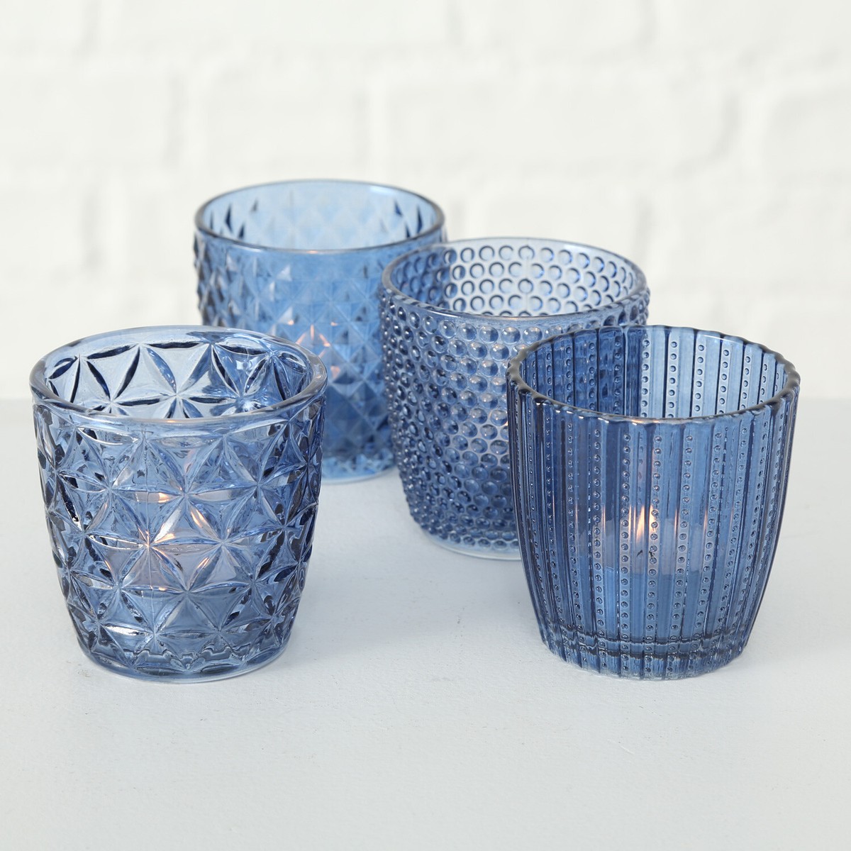 Glas Teelicht-Kerzenhalter Set 8 Stück - Votivhalter Mit Rautenmuster, Blau