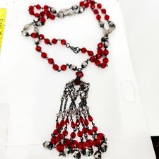 Vintage Necklace Chandalier Tassle Pendant Goth Red Beaded Flapper Drop Acrylic