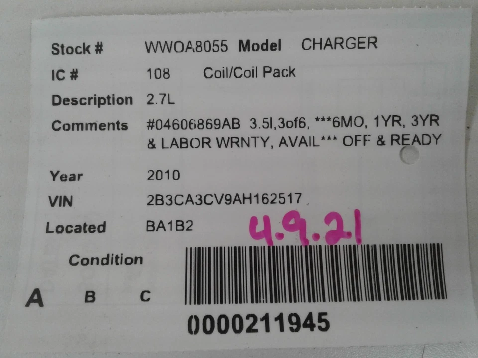Bobina de encendido usada se adapta a: Dodge Charger SDN 2010 2,7 grado A Foto 3 de 4