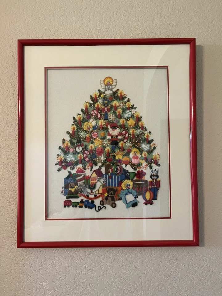 1978 Finished, Matted & Framed “Christmas Tree Fantasy" Sunset Stitchery Vintage - Image 2 of 3
