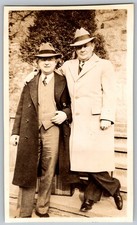 Vtg B&W Snapshot Two Dapper Men in Overcoats And Fedora Hats On Steps 1940