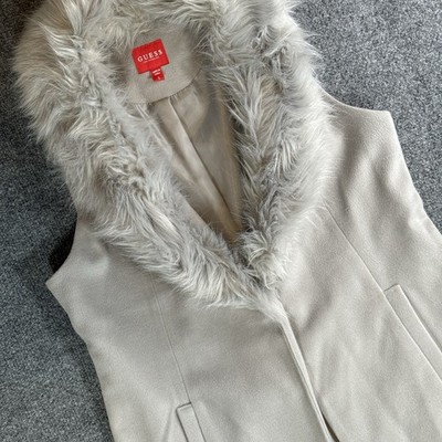 GUESS Women s Faux Fur Collar Sleeveless Long Vest Coat Light Gray Cottagecore