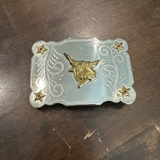 Belt Buckle Cowboy Western Horned Bull Shiny Nickel Silver