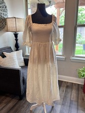 GAP White Cottagecore Midi Dress Womens M Smocked Puff Sleeve Prairie Milkmaid