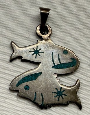 Vintage Mexiko Sterling & geschliffener Türkis Doppel Fisch Anhänger 4g Sternzeichen/Fische