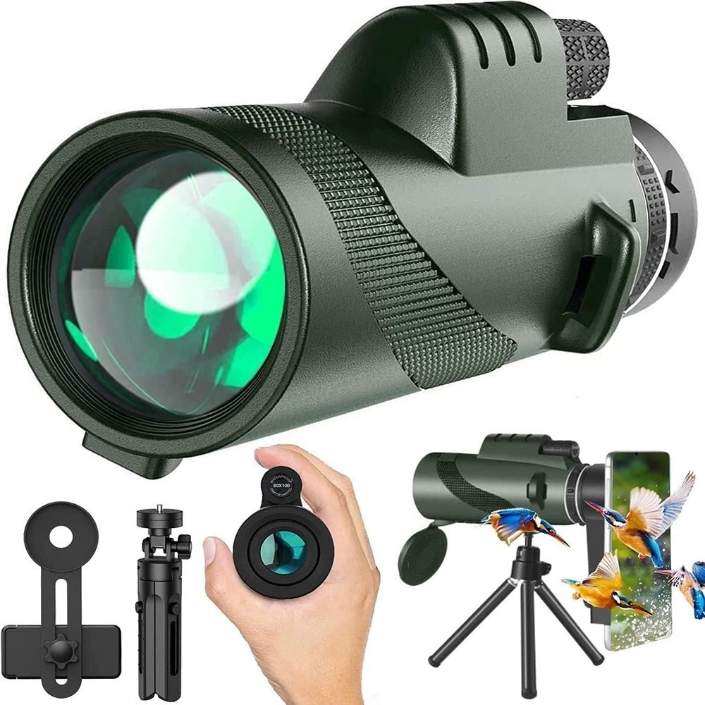 80x100 HD Zoom Monocular Starscope Telescope w/ Tripod Phone Clip Hunting Camp