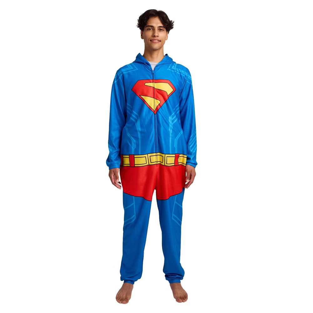 Superman Adult Long Sleeve Hooded Cosplay  Costume Union Suit-Large