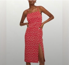 Zara Red Floral Midi Dress Sleeveless Square Neck Side Slit Feminine Small