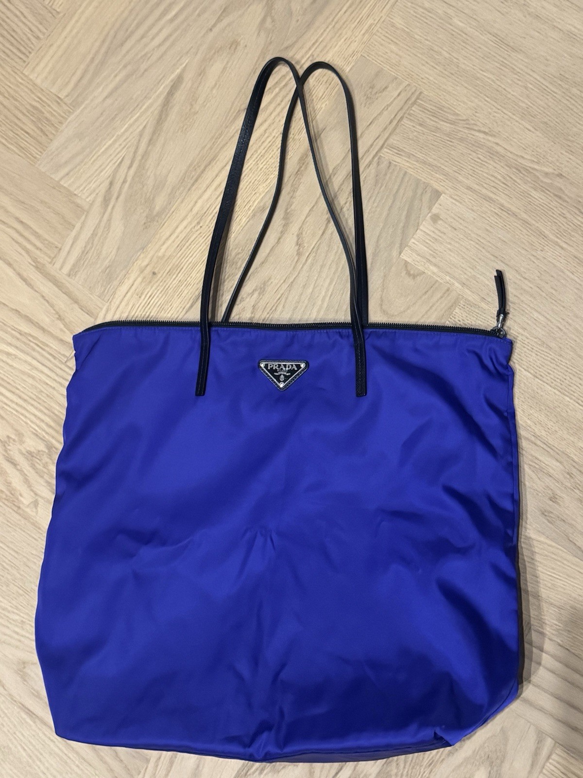 PRADA borsa a spalla nylon blu manici pelle neri zip tasche logo triangolo