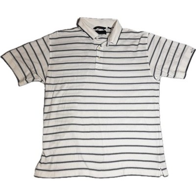 Greg Norman Mens Large White Navy Blue Striped Short Sleeve Golf Polo Shirt