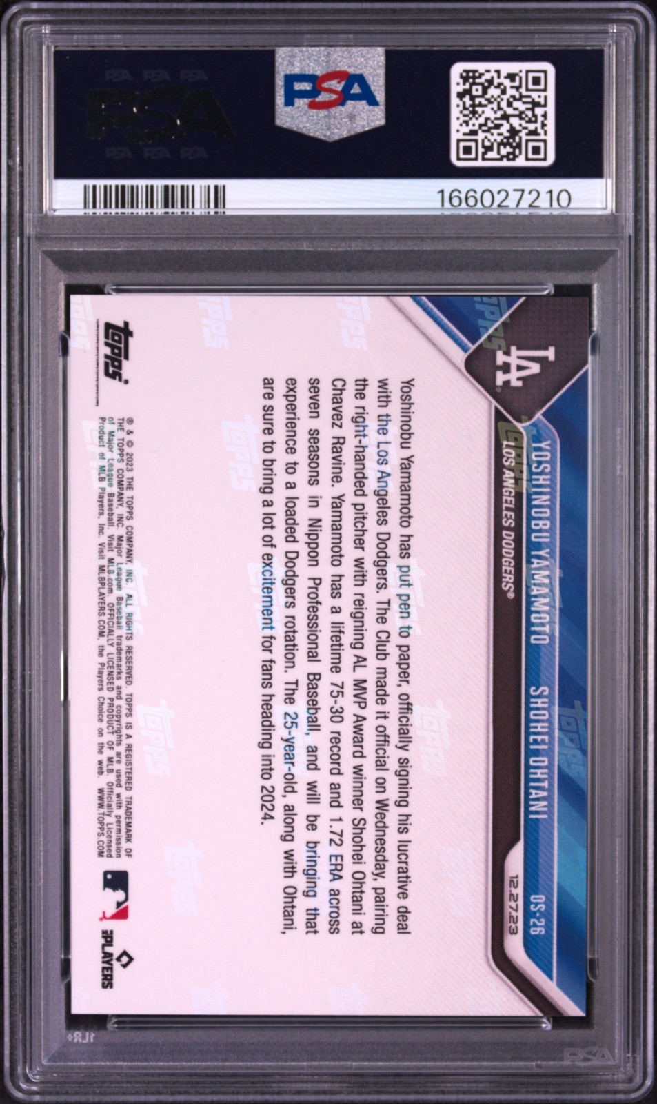 2023 TOPPS NOW OFFSEASON #OS26 SHOHEI OHTANI YOSHINOBU YAMAMOTO ROOKIE RC PSA 10 view 2