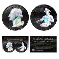 1976 Bicentennial Genuine U.S. Quarter Coin - BLACK RUTHENIUM & SILVER HOLOGRAM
