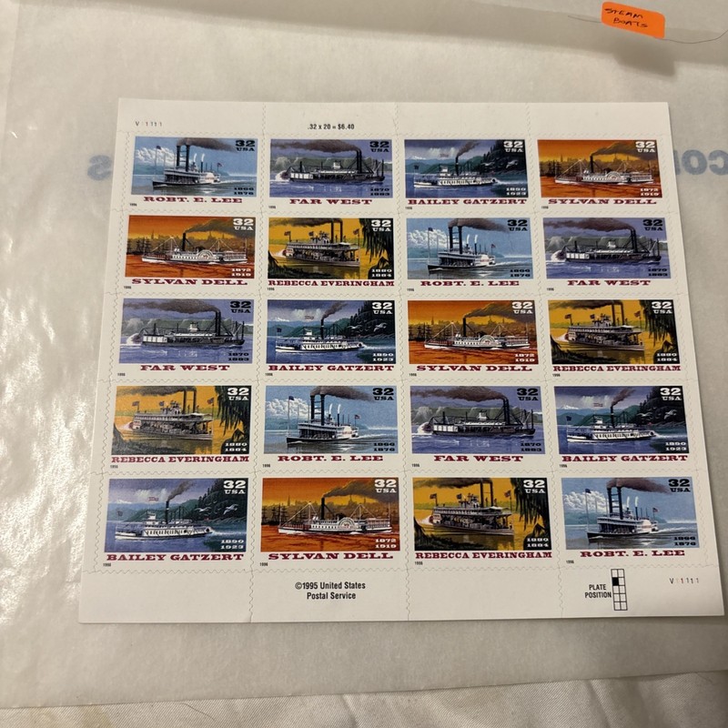USA stamps Mint pane of 20 Riverboat Steamship steamboat 1995 Scott #3091-3095