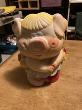 Ceramic Hand Painted Female pig Piggy Bank Blonde pigtales