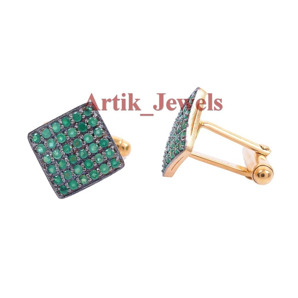 Natural Green Onyx Gemstone With 14K Gold Plated Silver Cufflink #672 - image 3 of 4