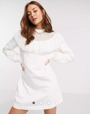 River Island long sleeve lace insert frill sweat dress in cream Size M