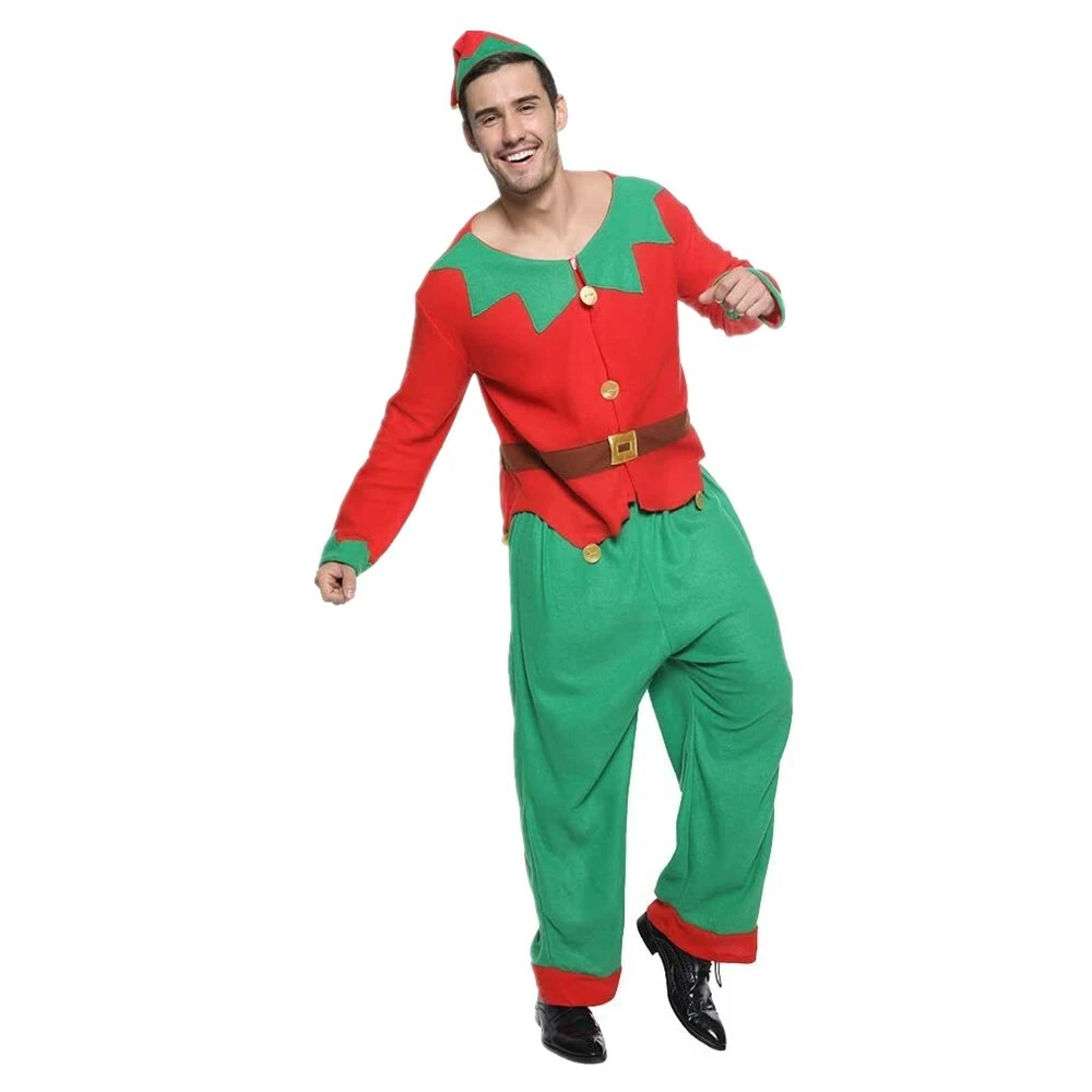 Men Christmas Elf Santa s Helper Costume for Adult Party Fancy Dress
