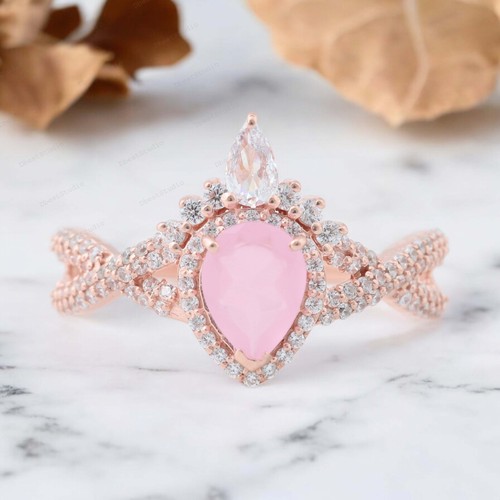 925 Sterling Silver 7X5MM Pear Natural Rose Quartz Ring Cubic Zirconia Ring