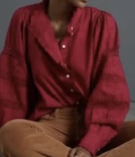 LOVE THE LABEL Anthropologie Puff-Sleeve Lace & Ruffle Button-Up Blouse Red sz L