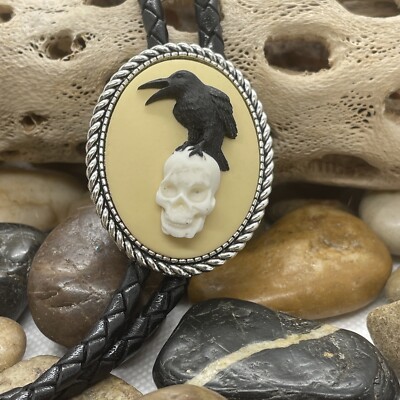 GothicWedding Rockabilly Biker Western Southwest Raven Black Crow Skull Bolo tie