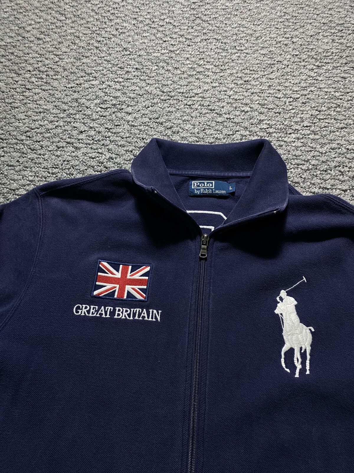 Polo vintage Mwns L ralph lauren big pony zip grande giacca britannica blu