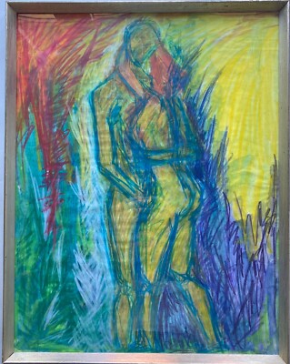 Gouache Expressiv junges Paar Akte Mann Frau Helga Bugge Dänemark 65 x 51 cm