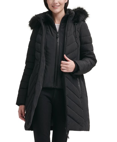 Dkny Women's Faux-Fur-Trim Hooded Puffer Coat - Black - Size L