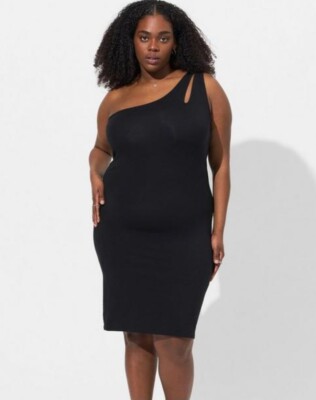 Torrid Dress Womens 1X Black Mini Foxy Bodycon One Shoulder Stretchy Sleeveless