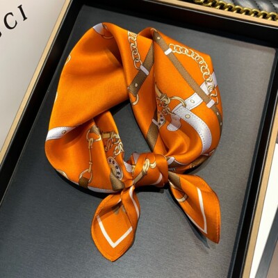100% Mulberry Silk 20'' Small Scarf Women Vintage Neckerchief Wrap Orange Chains