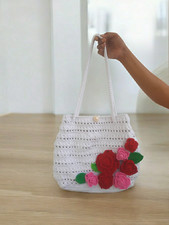 Bolso de Mano Floral Sencillo Mujeres Tejido Bolso de Hombro Crochet Bolso Playa Fiesta Bolso