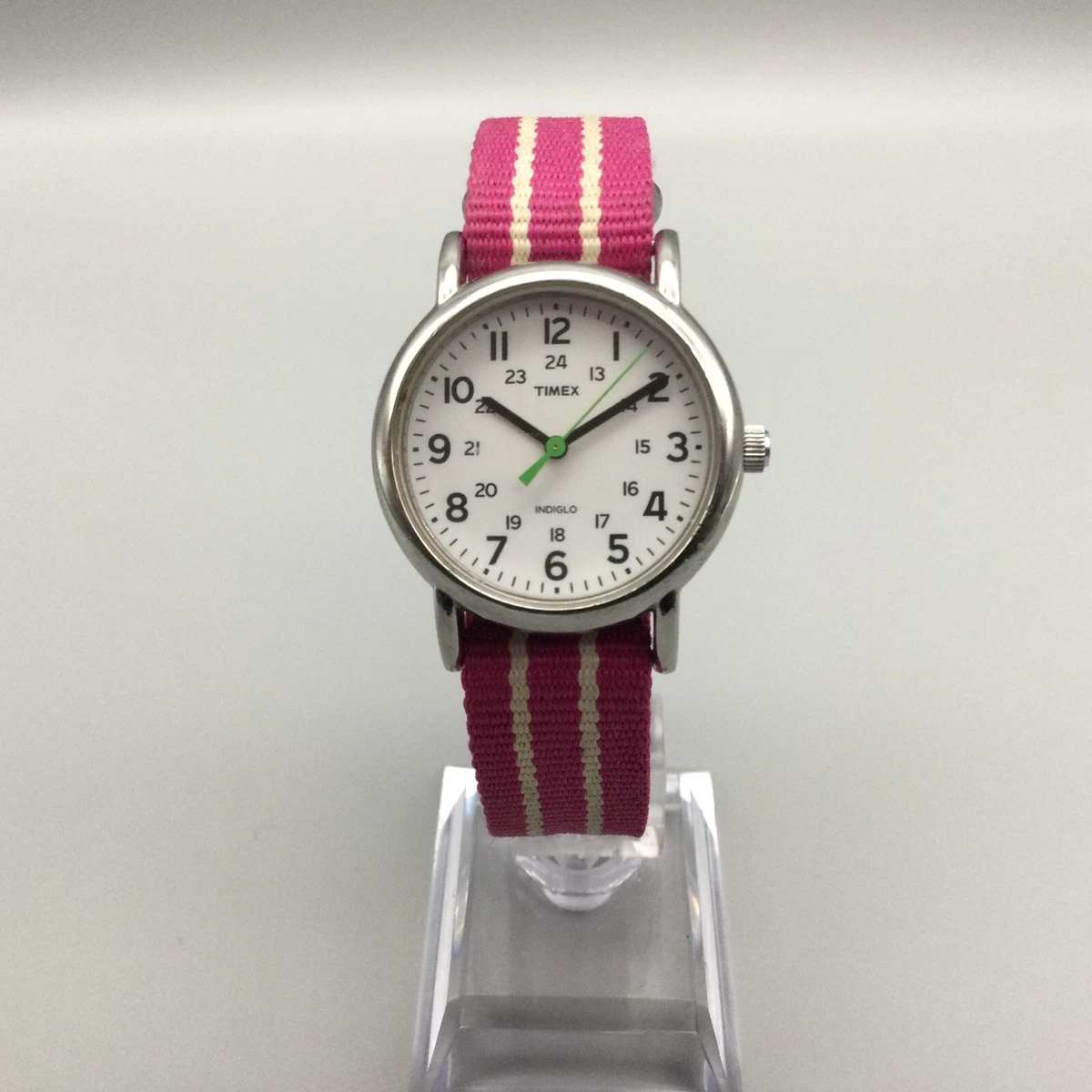Timex Weekender Watch Women 31mm Silver Tone Pink Striped Nylon Band New Battery