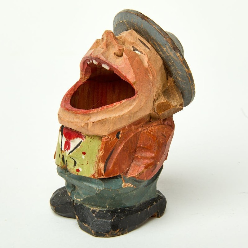 Vintage 3" Anri Hand Carved Wooden Big Mouth Toothpick-Matches Holder Folk Art