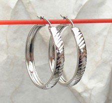 Diamond Cut Round Hoop Earrings Anti-Tarnish Real 925 Sterling Silver