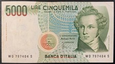 1985  ITALY PAPER MONEY - 5,000 LIRE BANKNOTE!