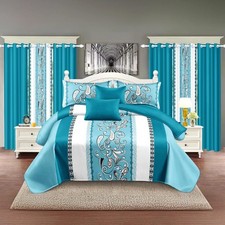 9-piece Turquoise Paisley Bedding Curtain Set queen/king/cal King - Quilted