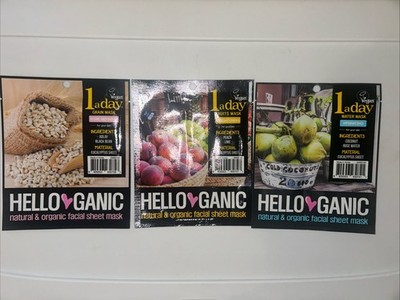 HELLOGANIC Vegan 1 a day Facial Sheet Mask Set, Grain, Water And Fruit Masks