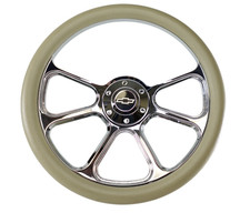 14 Chrome Billet Steering Wheel 3 Spoke Tan Half Wrap W Chevy Licensed Horn 14 Chrome Billet Steering Wheel 3 Spoke Tan Half Wrap W Chevy Licensed Horn
