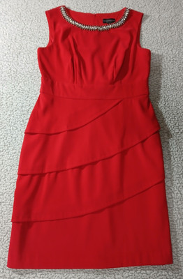 Connected Apparel Womens Tiered Shealth Dress Size 8 Red Rhinestone Collar