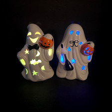 2 Halloween LED Light Up Ceramic Ghosts Figurines Multicolor Blinking Lites
