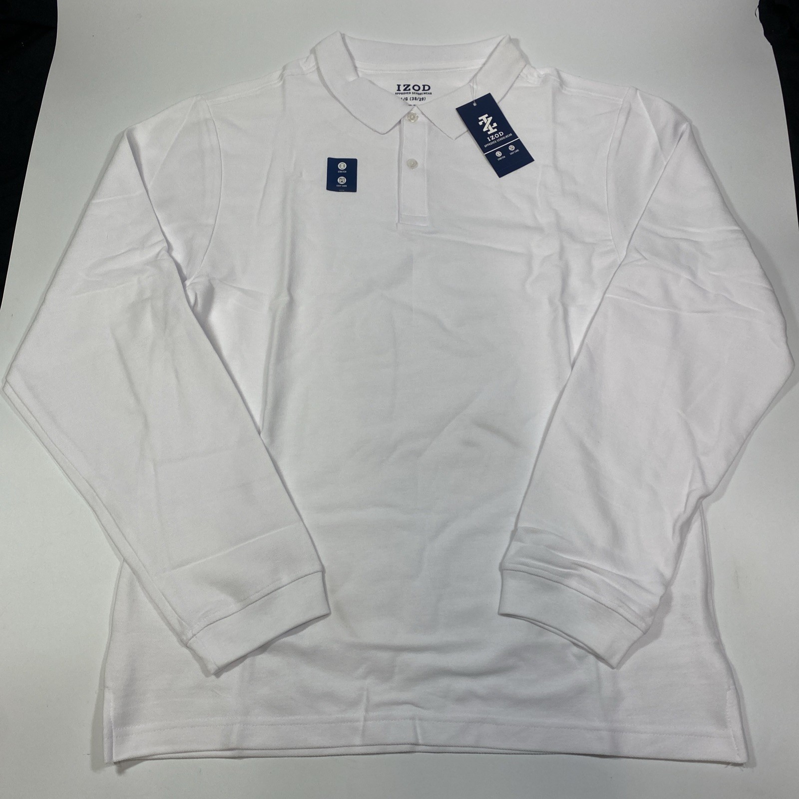 IZOD Schoolwear Youth Boys L (38/39) Long Sleeve Polo Shirt White Easy Care NWT