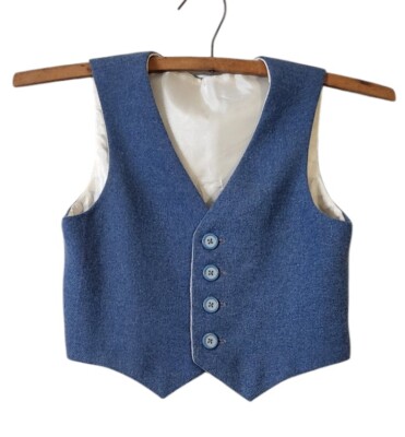 Vintage Handmade Sleeveless Lined Blue Wool Blend Vest Youth Boys Size Small
