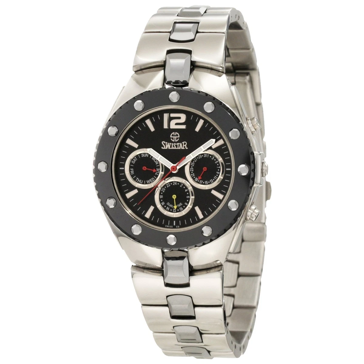 NEW Swistar 5655 M Mens Analog Swiss Quartz Day Date Black Bezel Silver SS Watch