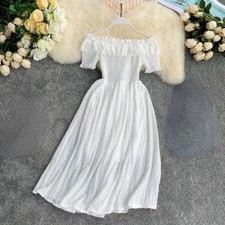 Women Off-shoulder Midi Chiffon Dress Ruffle Folding Short Sleeve Tunic Sweet